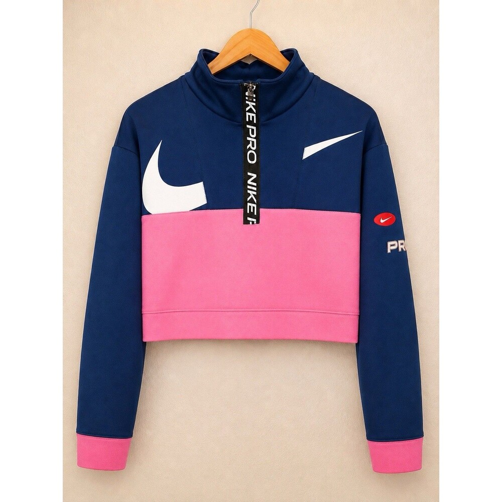NIKE Pro Dri-FIT Women's 1/2-Zip Training Pullover Size XS Cropped Blue Pink